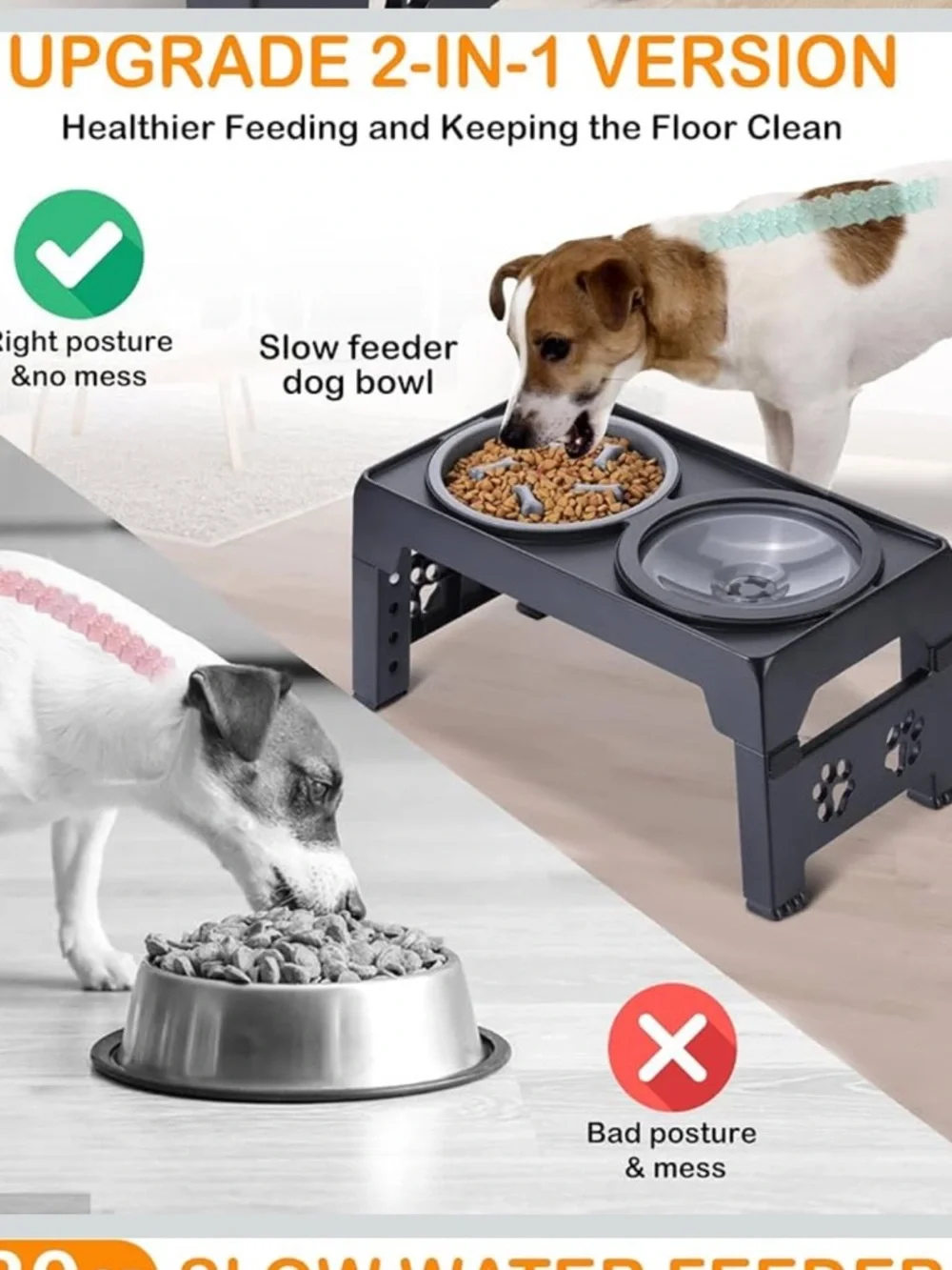 Adjustable Raised Dog Bowl with 2 Stainless Steel Dog Food Bowls slow feed